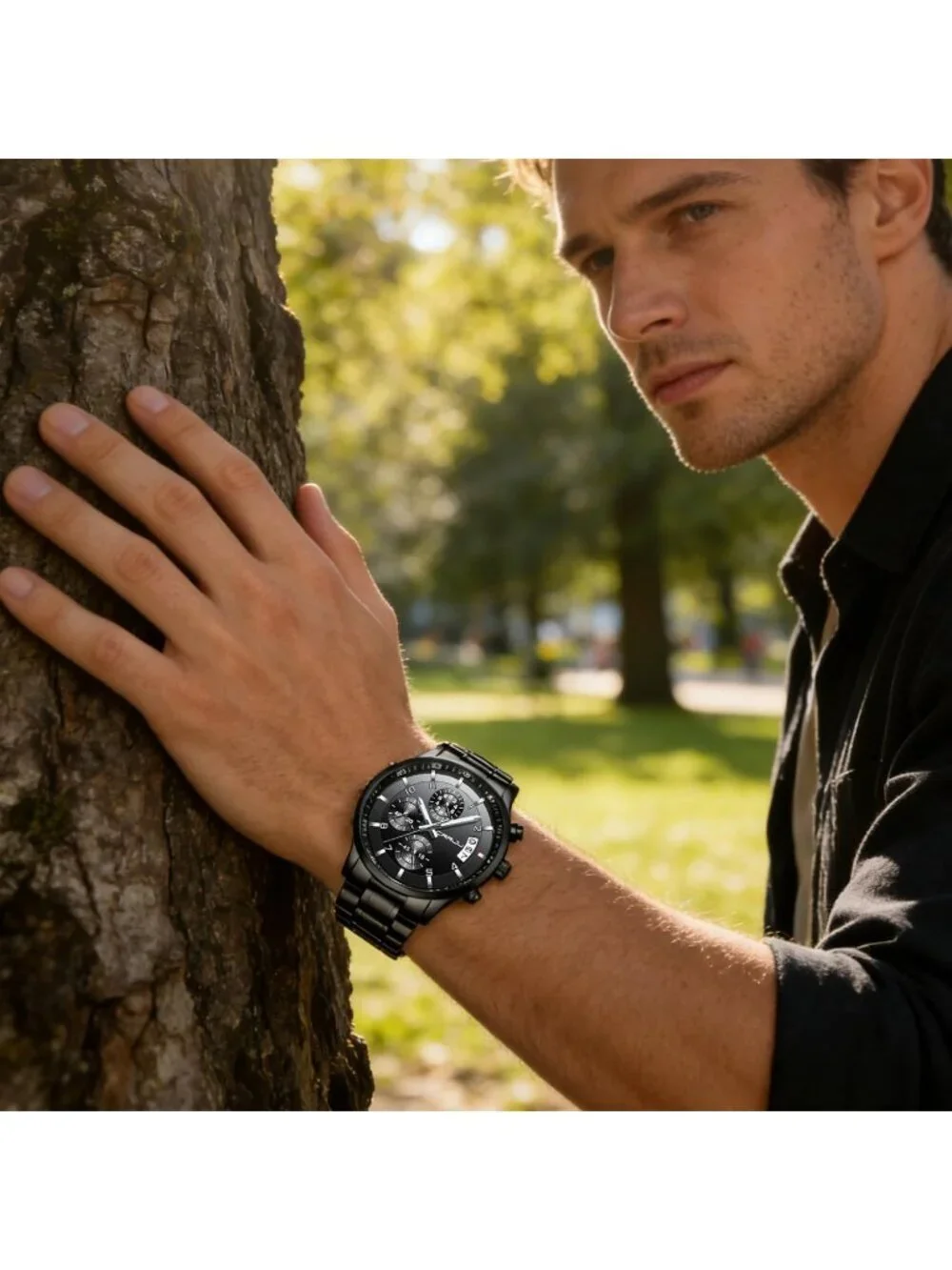 Men's Black Analog Quartz Stainless Steel Waterproof Chronograph Wrist Watch